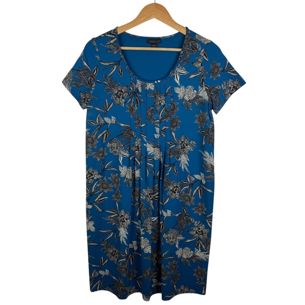 J Jill Wearever Collection‎ Floral Pleated Dress Small Blue Comfy Office Casual